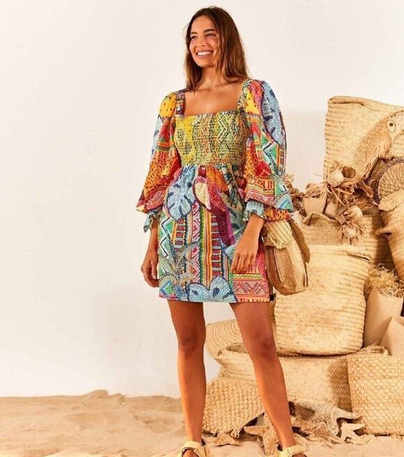 FARM Rio Dresses & Skirts - Farm Rio Colorful Print Smocked Long Sleeve Mini Dress Size S